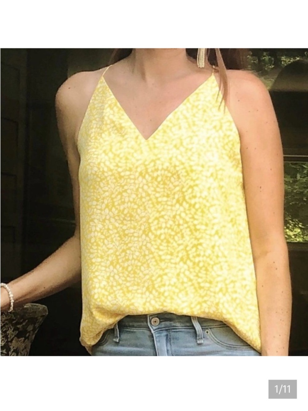 LOFT Yellow Lined White Flower Leaf Print Racer Back Tank Camisole Size XS